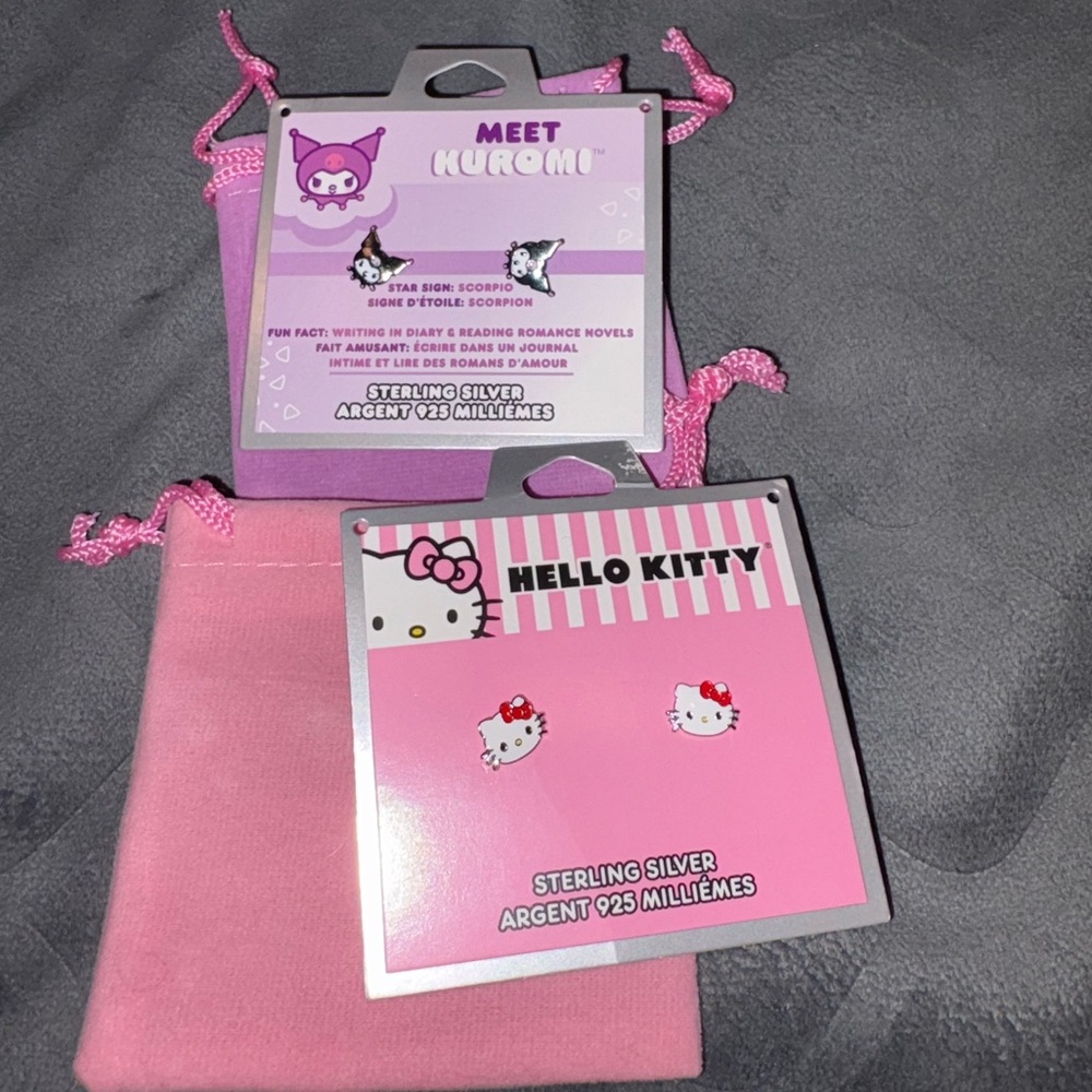 Hello Kitty and Kuromi Pink and Sterling Silver Earrings